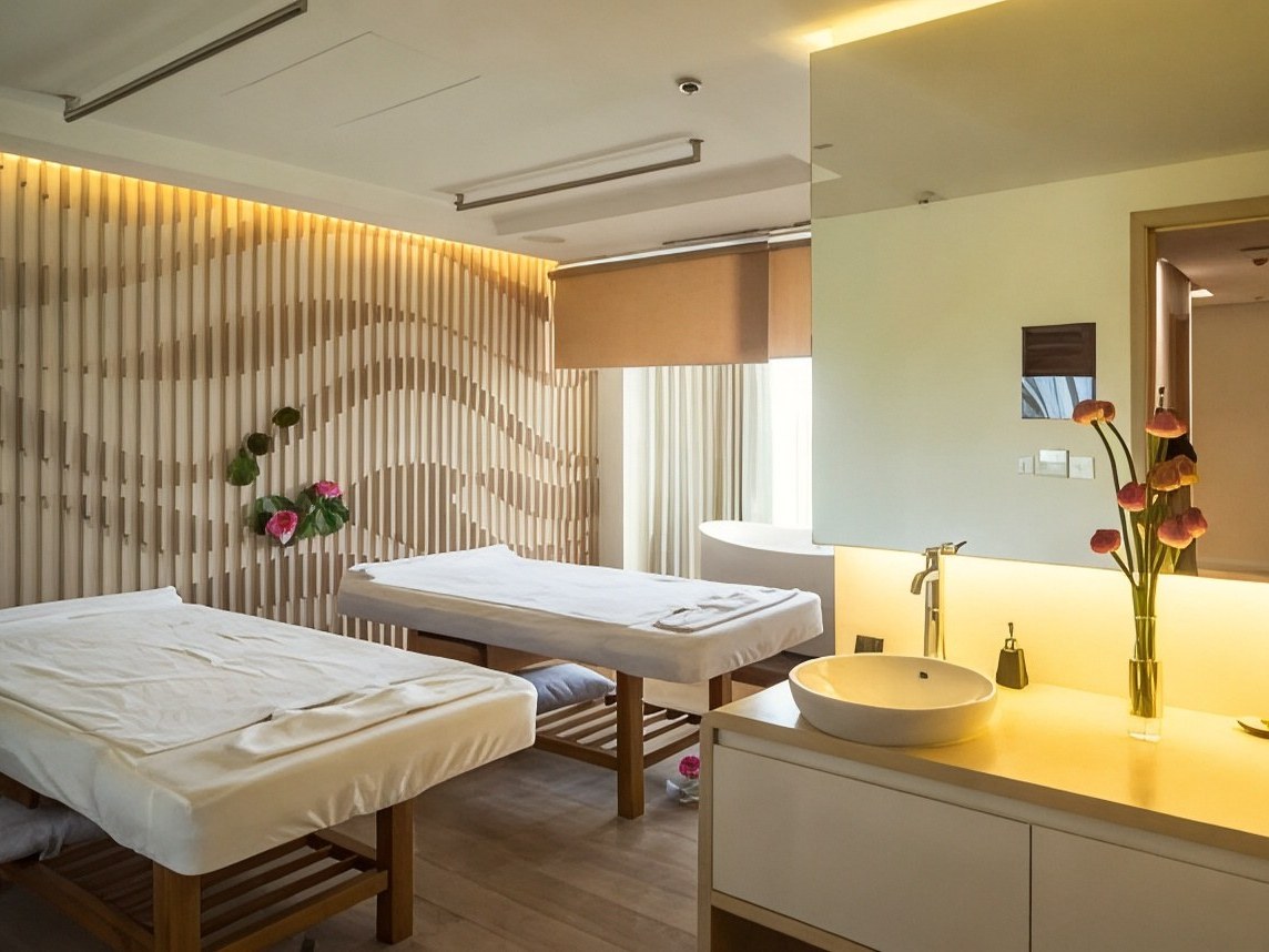 Spa treatment room with massage beds and a basin under warm lighting