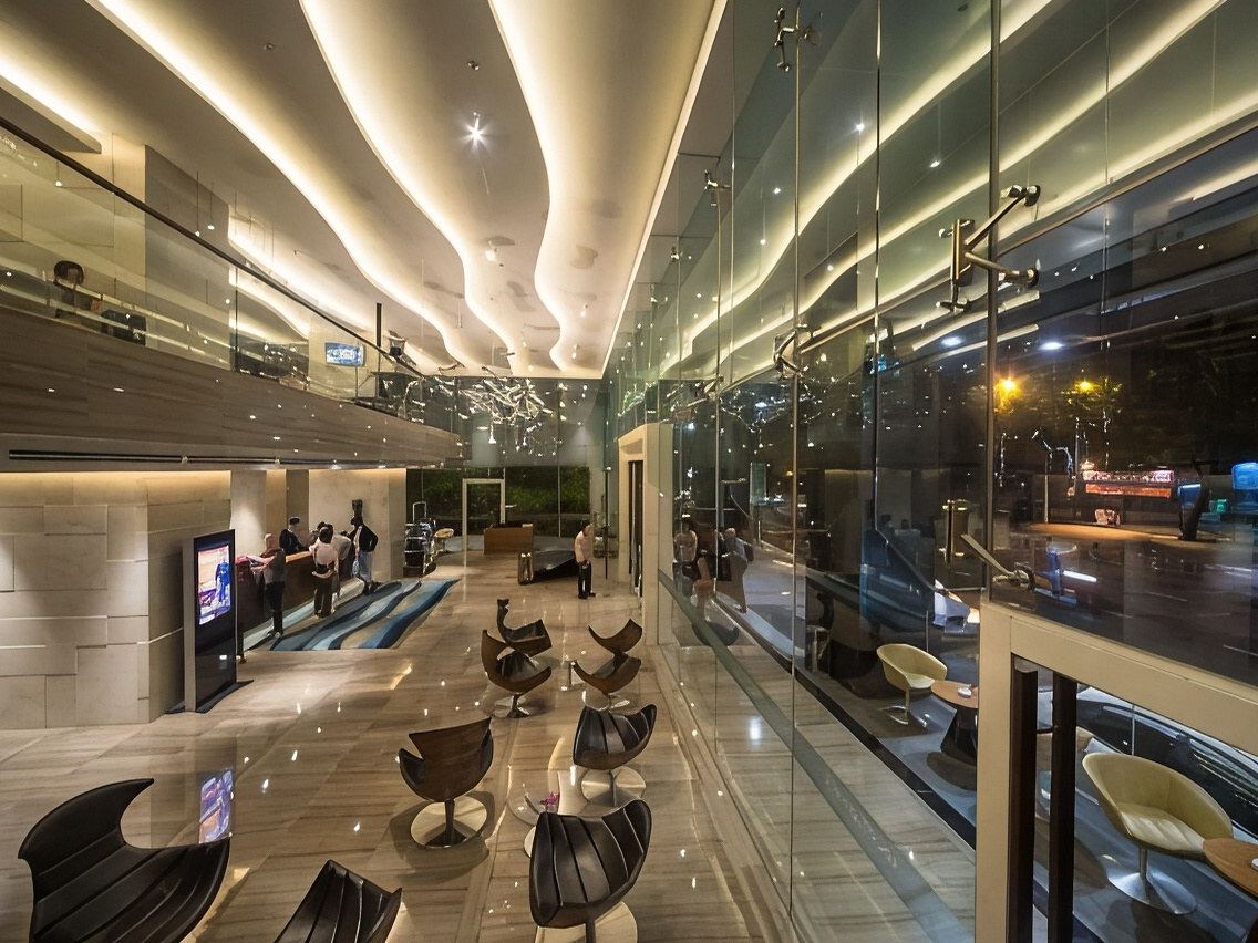 Hotel lobby at night with sculptural chairs and a glass wall onto the street