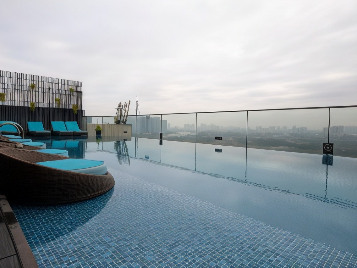 Edge of a rooftop infinity pool with loungers and a hazy city skyline